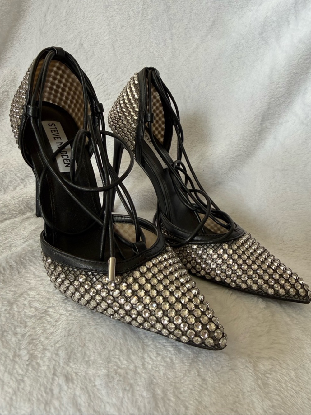 Steve Madden Vanity Mesh Crystal Embellished Black Lace-Up Stiletto Pump - Picture 5 of 12